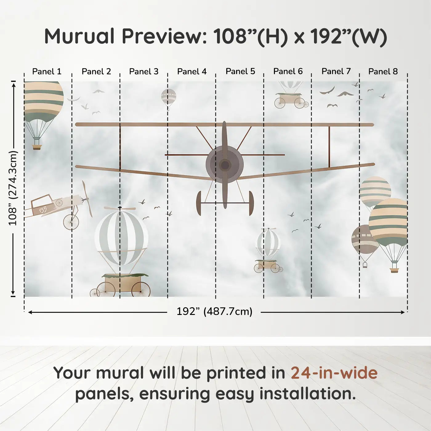 Whimsy Tots Vintage Air Adventures Wall Muraldimension view (108" H x 192" W). Printed in eight 24-inch-wide panels. Soaring airships and dreamy planes drift through soft vintage skies.