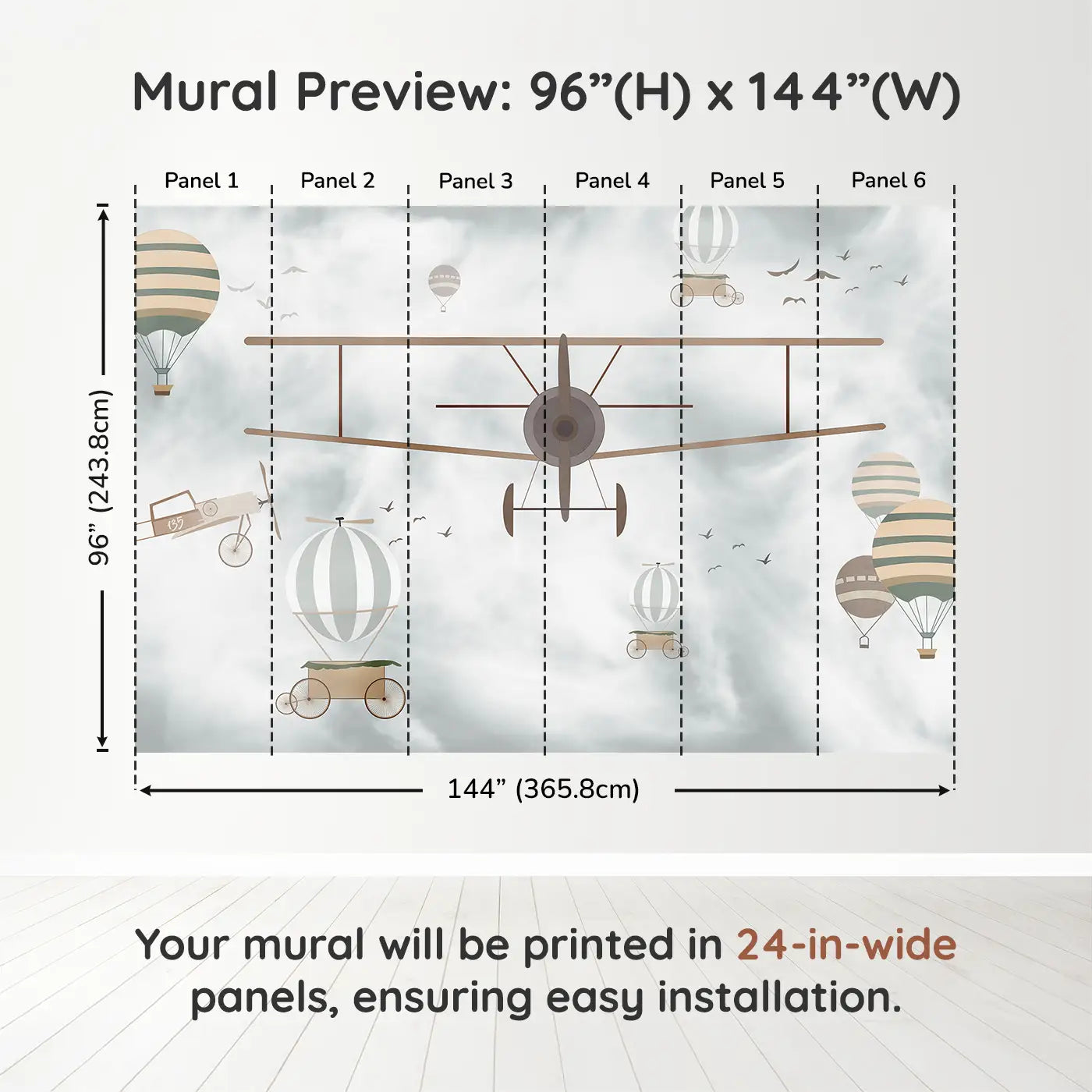 Whimsy Tots Vintage Air Adventures Wall Muraldimension view (96" H x 144" W). Printed in six 24-inch-wide panels. Soaring airships and dreamy planes drift through soft vintage skies.