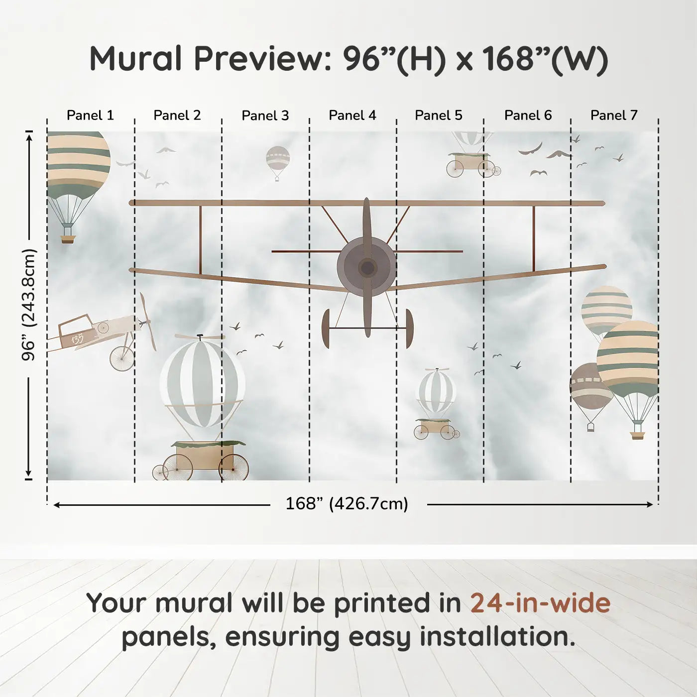 Whimsy Tots Vintage Air Adventures Wall Muraldimension view (96" H x 168" W). Printed in seven 24-inch-wide panels. Soaring airships and dreamy planes drift through soft vintage skies.