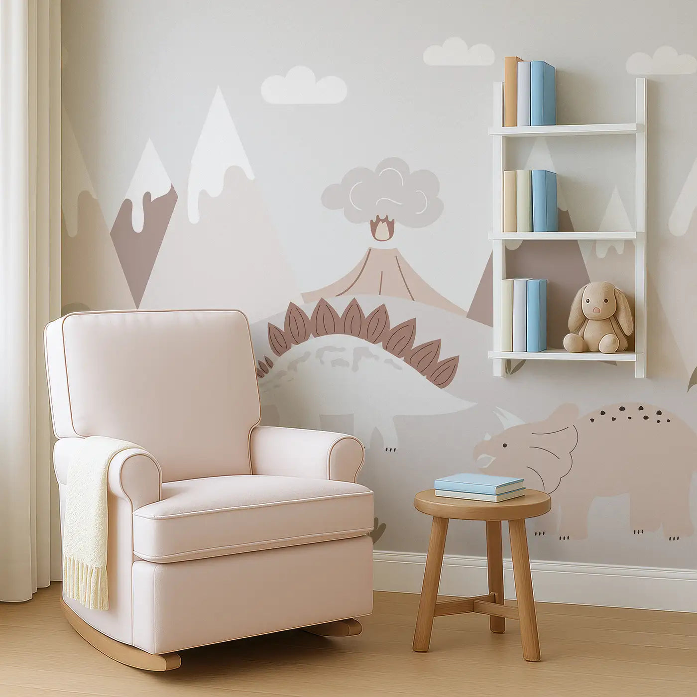 Angled view of Whimsy Tots' Gentle Dino Valley Wall Mural (M0270).Friendly dinos and pastel peaks bring gentle adventure.