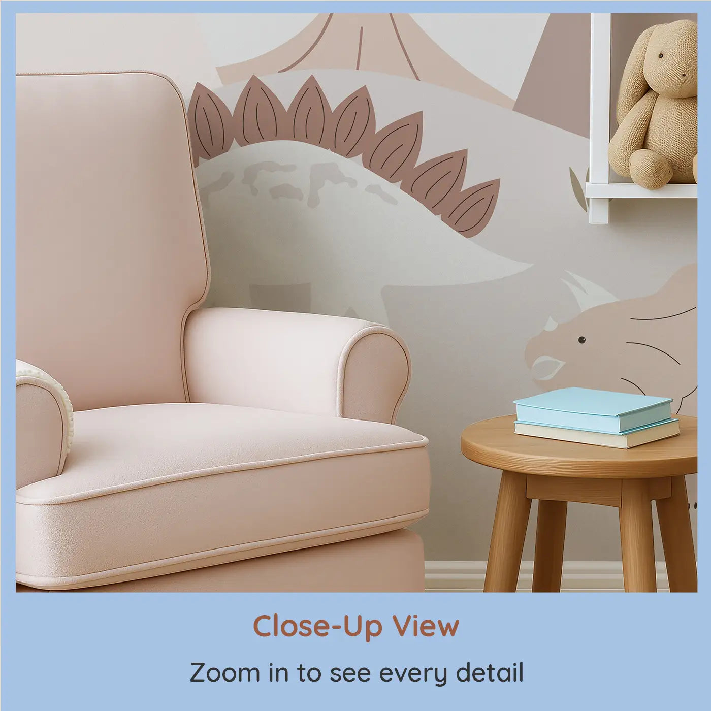 Close-up view of Whimsy Tots' Gentle Dino Valley Wall Mural (M0270).Friendly dinos and pastel peaks bring gentle adventure.