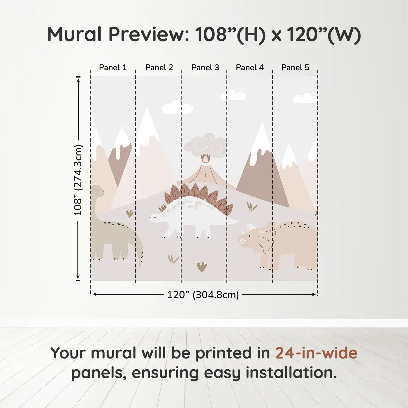 Whimsy Tots Gentle Dino Valley Wall Muraldimension view (108" H x 120" W). Printed in five 24-inch-wide panels. Friendly dinos and pastel peaks bring gentle adventure.