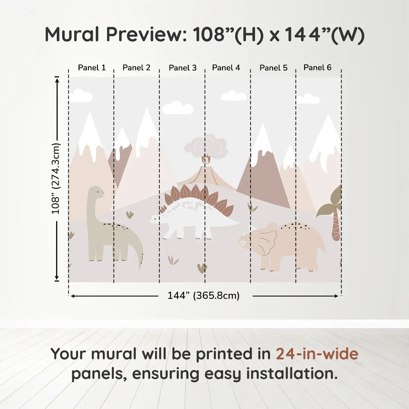 Whimsy Tots Gentle Dino Valley Wall Muraldimension view (108" H x 144" W). Printed in six 24-inch-wide panels. Friendly dinos and pastel peaks bring gentle adventure.