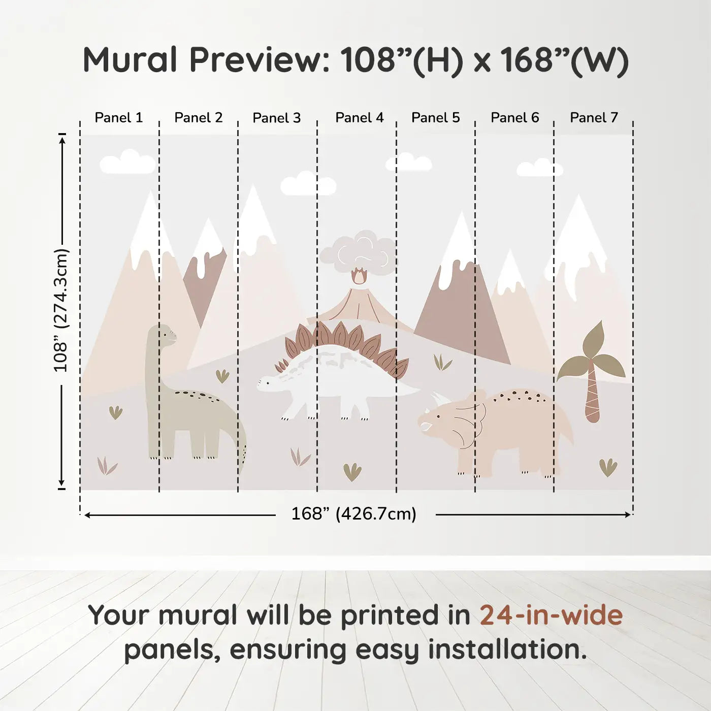 Whimsy Tots Gentle Dino Valley Wall Muraldimension view (108" H x 168" W). Printed in seven 24-inch-wide panels. Friendly dinos and pastel peaks bring gentle adventure.