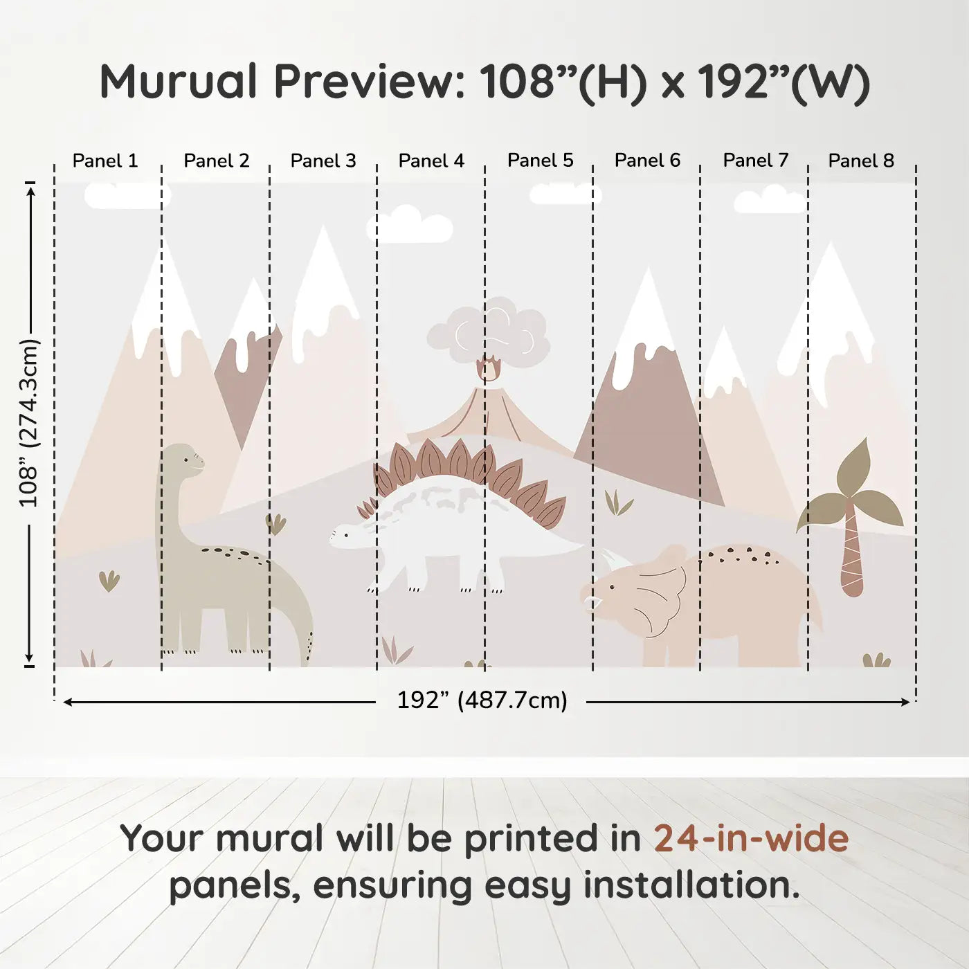 Whimsy Tots Gentle Dino Valley Wall Muraldimension view (108" H x 192" W). Printed in eight 24-inch-wide panels. Friendly dinos and pastel peaks bring gentle adventure.