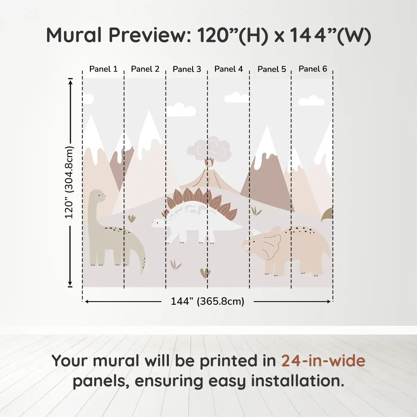 Whimsy Tots Gentle Dino Valley Wall Muraldimension view (120" H x 144" W). Printed in six 24-inch-wide panels. Friendly dinos and pastel peaks bring gentle adventure.