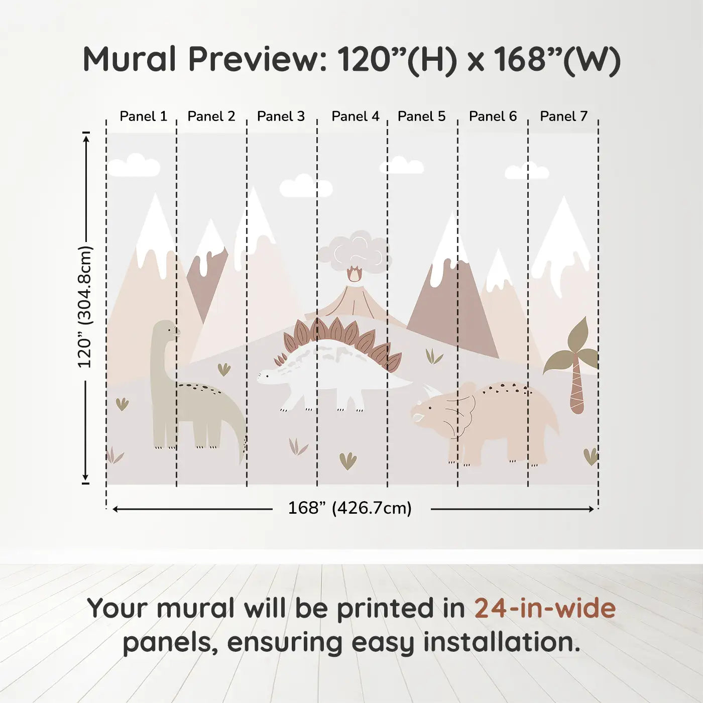 Whimsy Tots Gentle Dino Valley Wall Muraldimension view (120" H x 168" W). Printed in seven 24-inch-wide panels. Friendly dinos and pastel peaks bring gentle adventure.