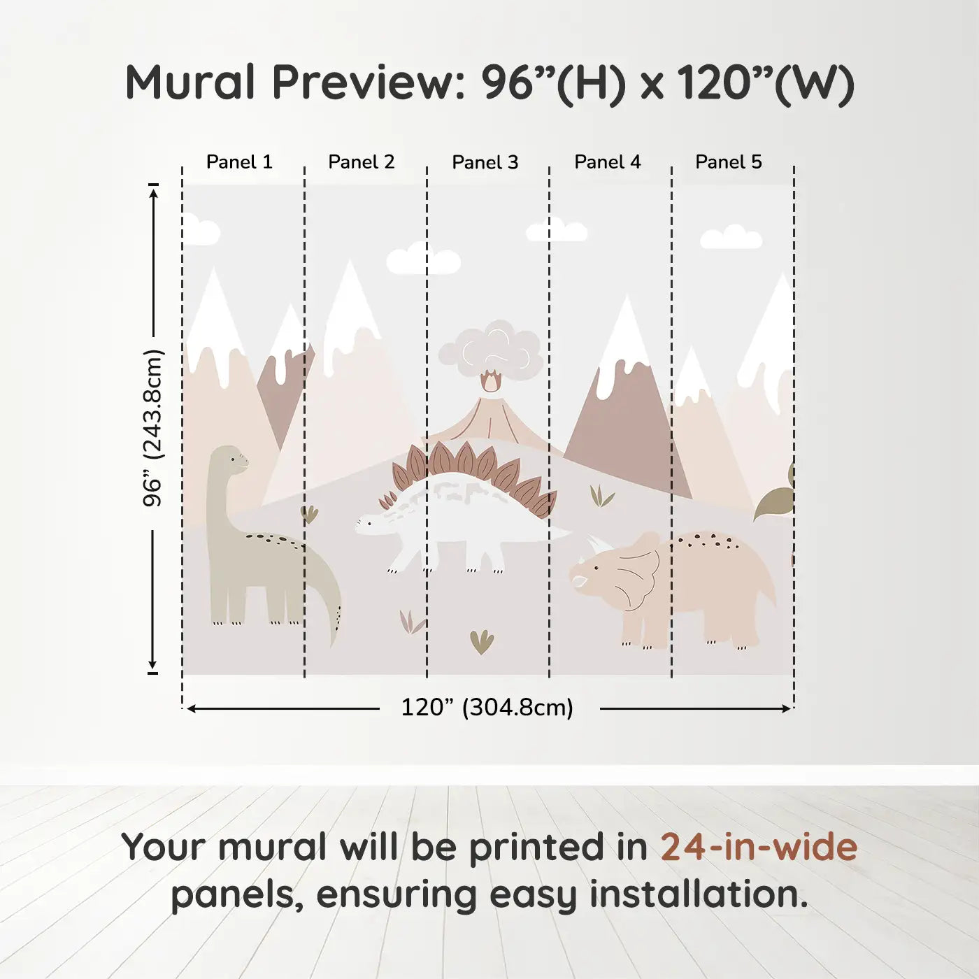 Whimsy Tots Gentle Dino Valley Wall Muraldimension view (96" H x 120" W). Printed in five 24-inch-wide panels. Friendly dinos and pastel peaks bring gentle adventure.