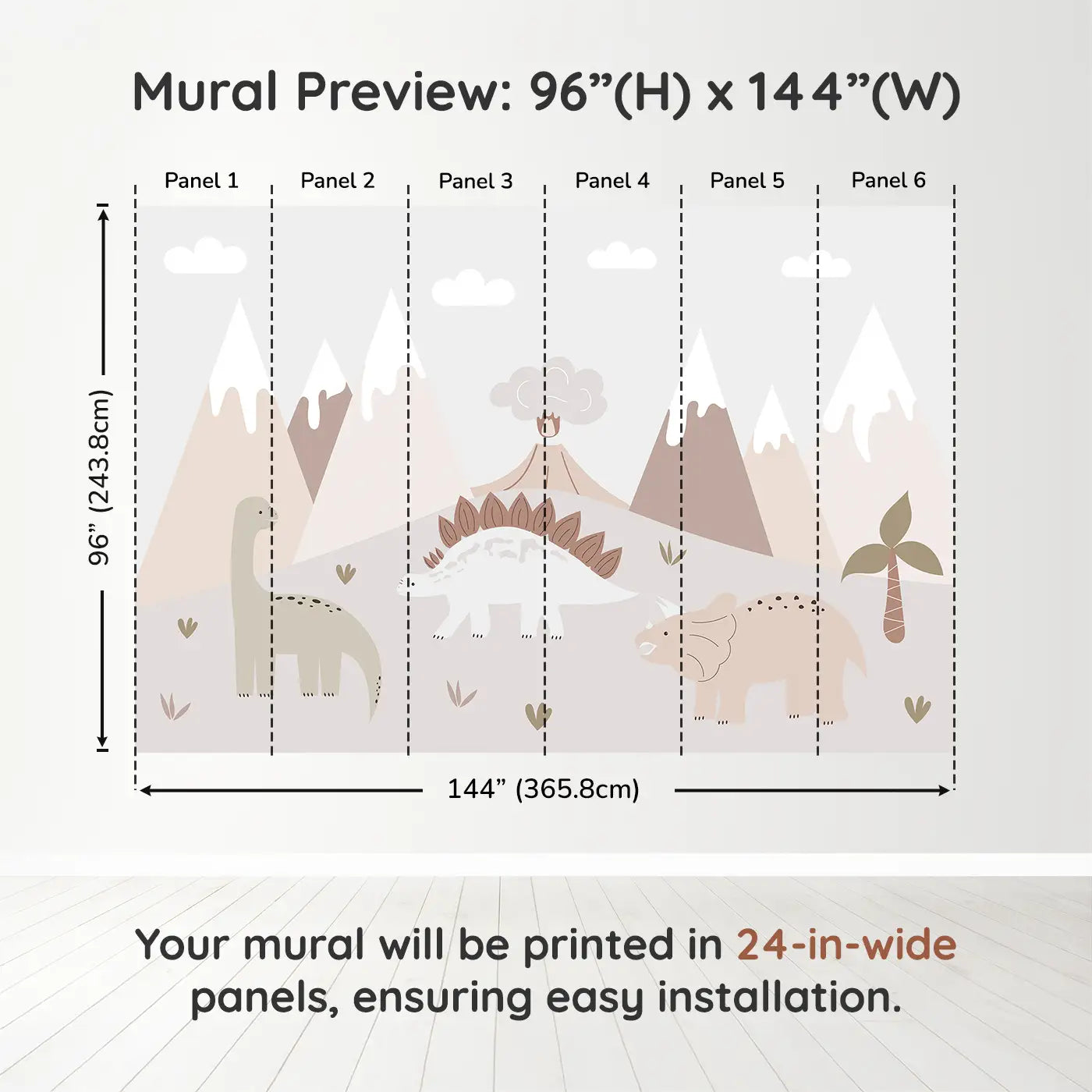 Whimsy Tots Gentle Dino Valley Wall Muraldimension view (96" H x 144" W). Printed in six 24-inch-wide panels. Friendly dinos and pastel peaks bring gentle adventure.
