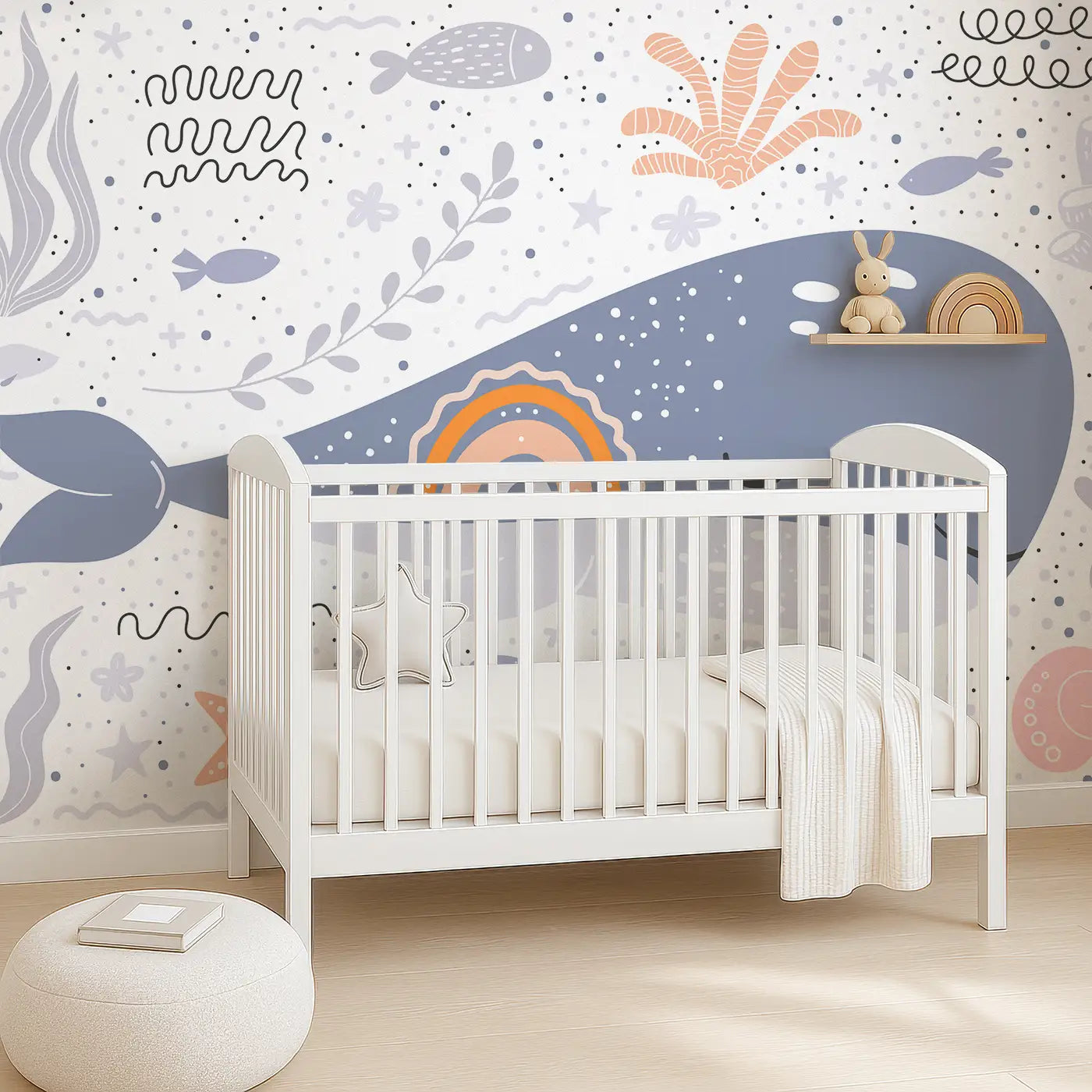 Angled view of Whimsy Tots' Ocean Dreamscape Wall Mural (M0287).Gentle whales and ocean shapes lull little minds to sleep.
