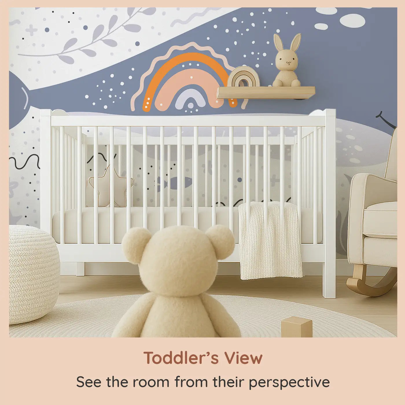 Whimsy Tots Ocean Dreamscape Wall Mural (M0287) from your child's view.Gentle whales and ocean shapes lull little minds to sleep.