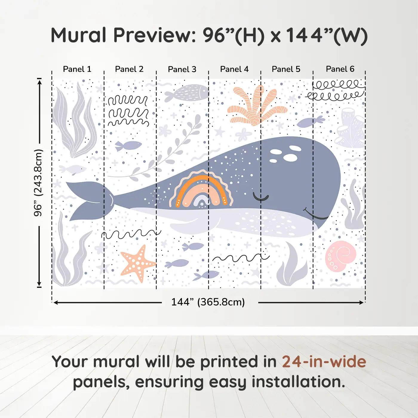 Whimsy Tots Ocean Dreamscape Wall Muraldimension view (96" H x 144" W). Printed in six 24-inch-wide panels. Gentle whales and ocean shapes lull little minds to sleep.