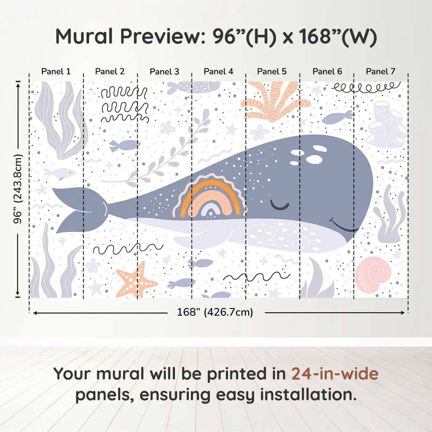 Whimsy Tots Ocean Dreamscape Wall Muraldimension view (96" H x 168" W). Printed in seven 24-inch-wide panels. Gentle whales and ocean shapes lull little minds to sleep.