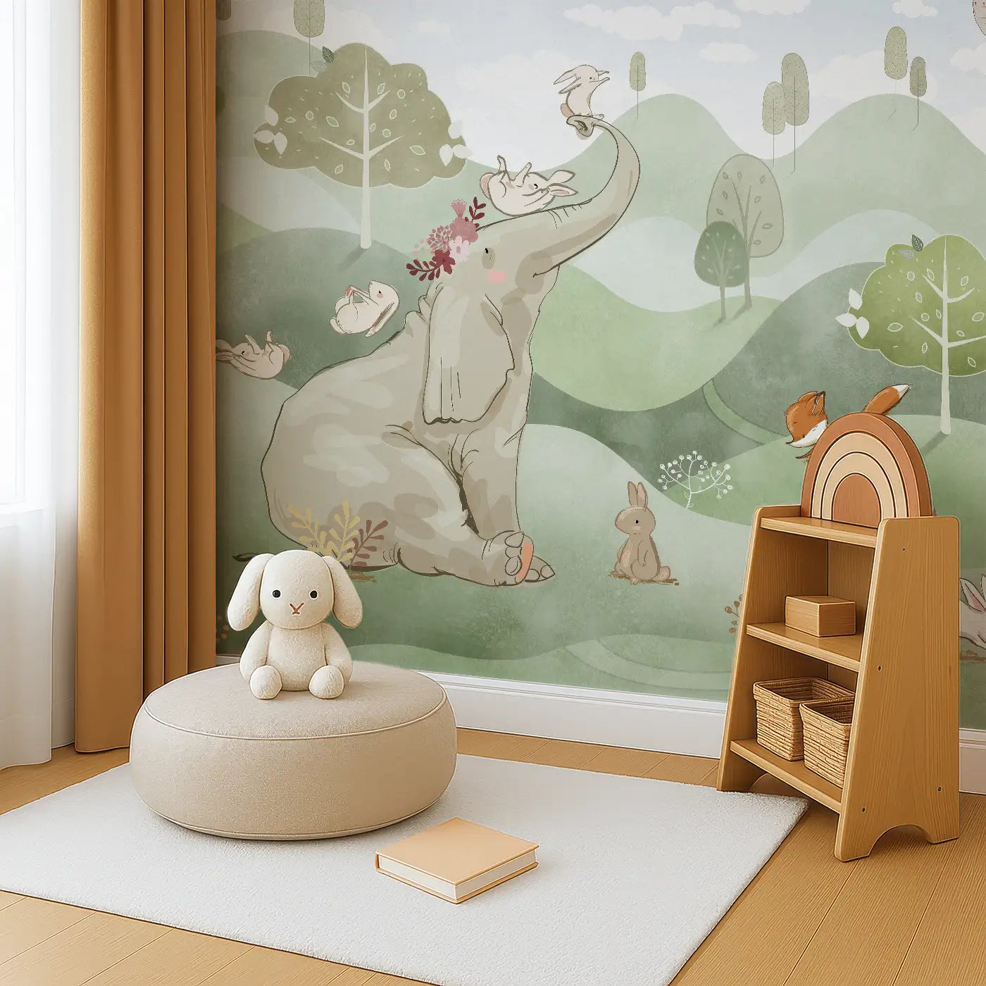 Angled view of Whimsy Tots' Whimsical Woodland Retreat in Green Wall Mural (M0293).An elephant crowned in blossoms welcomes bunnies, foxes, and deer to a world of soft wonder.