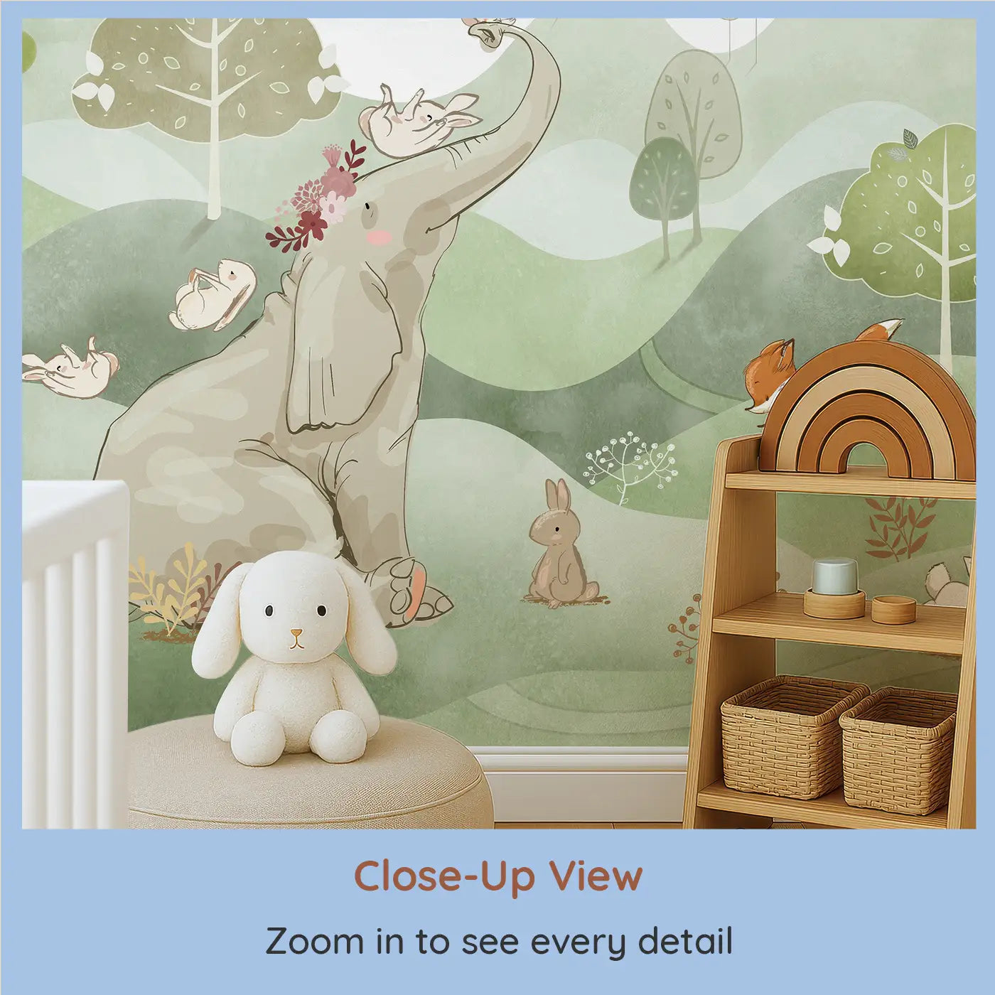 Close-up view of Whimsy Tots' Whimsical Woodland Retreat in Green Wall Mural (M0293).An elephant crowned in blossoms welcomes bunnies, foxes, and deer to a world of soft wonder.