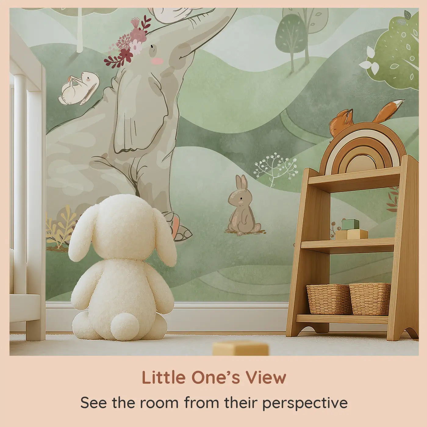 Whimsy Tots Whimsical Woodland Retreat in Green Wall Mural (M0293) from your child's view.An elephant crowned in blossoms welcomes bunnies, foxes, and deer to a world of soft wonder.