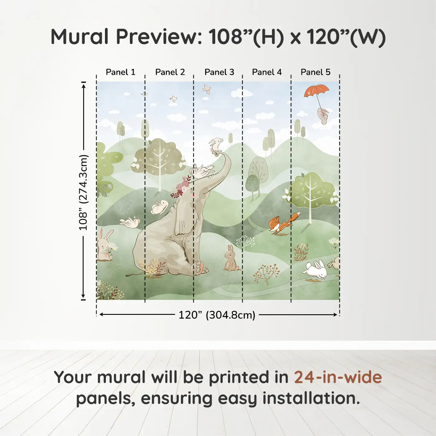 Whimsy Tots Whimsical Woodland Retreat in Green Wall Muraldimension view (108" H x 120" W). Printed in five 24-inch-wide panels. An elephant crowned in blossoms welcomes bunnies, foxes, and deer to a world of soft wonder.