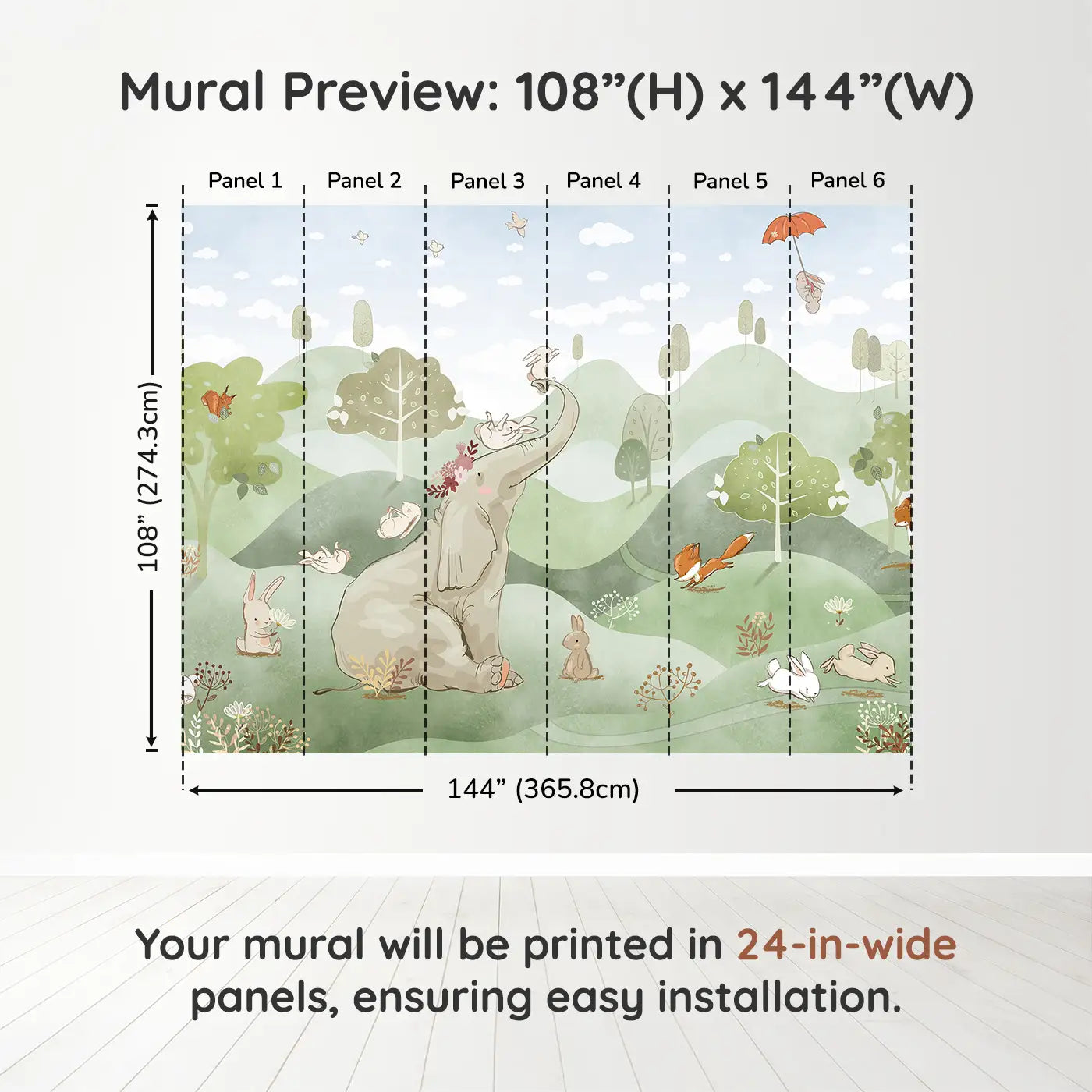 Whimsy Tots Whimsical Woodland Retreat in Green Wall Muraldimension view (108" H x 144" W). Printed in six 24-inch-wide panels. An elephant crowned in blossoms welcomes bunnies, foxes, and deer to a world of soft wonder.