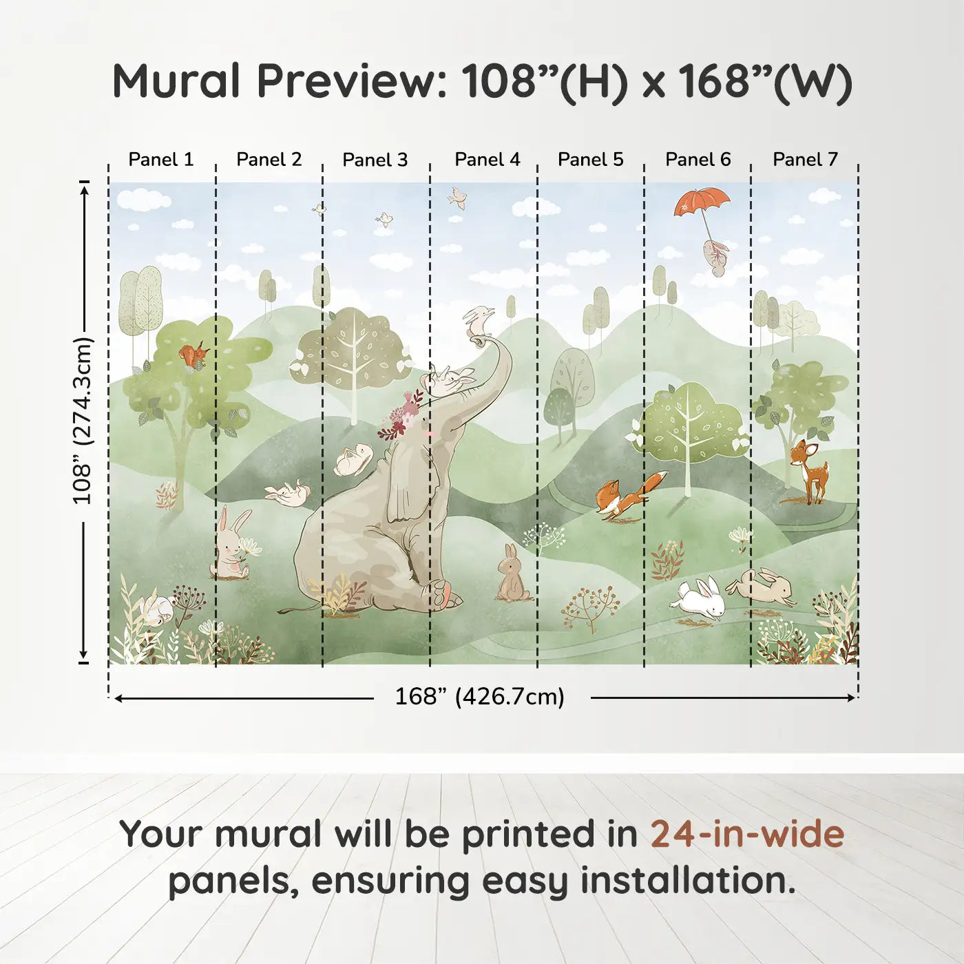 Whimsy Tots Whimsical Woodland Retreat in Green Wall Muraldimension view (108" H x 168" W). Printed in seven 24-inch-wide panels. An elephant crowned in blossoms welcomes bunnies, foxes, and deer to a world of soft wonder.