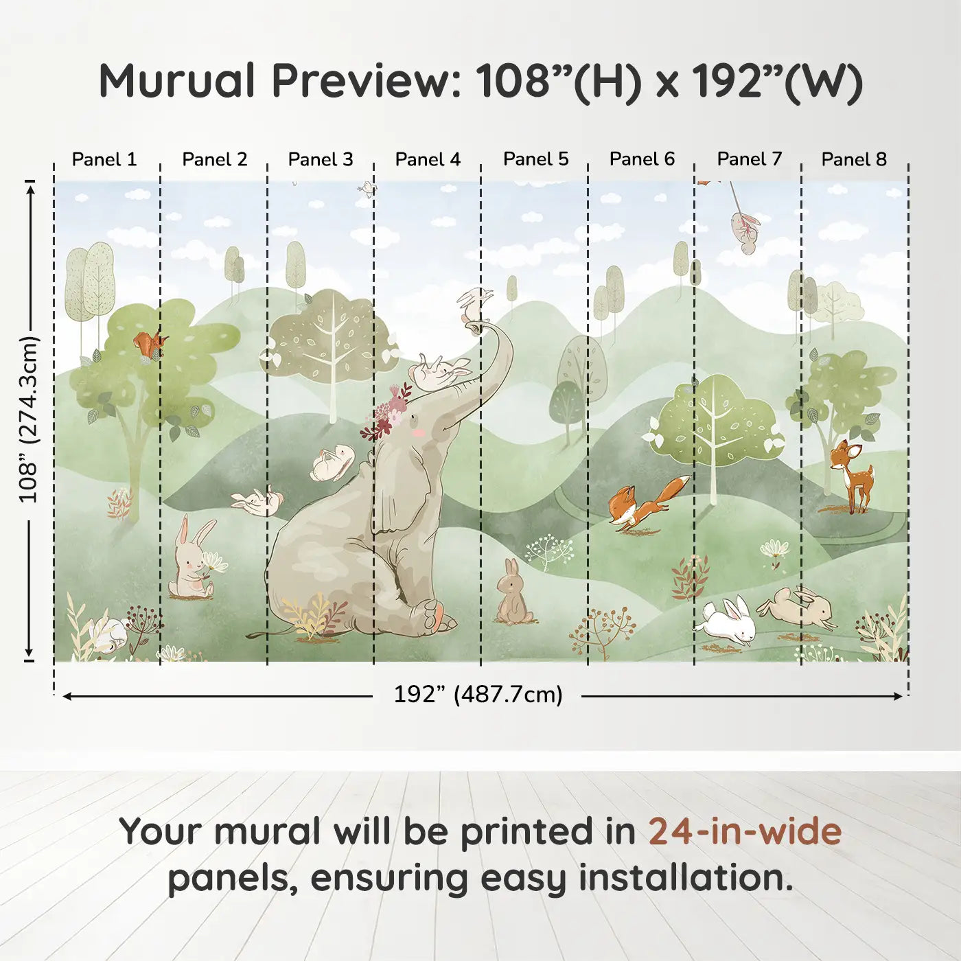 Whimsy Tots Whimsical Woodland Retreat in Green Wall Muraldimension view (108" H x 192" W). Printed in eight 24-inch-wide panels. An elephant crowned in blossoms welcomes bunnies, foxes, and deer to a world of soft wonder.
