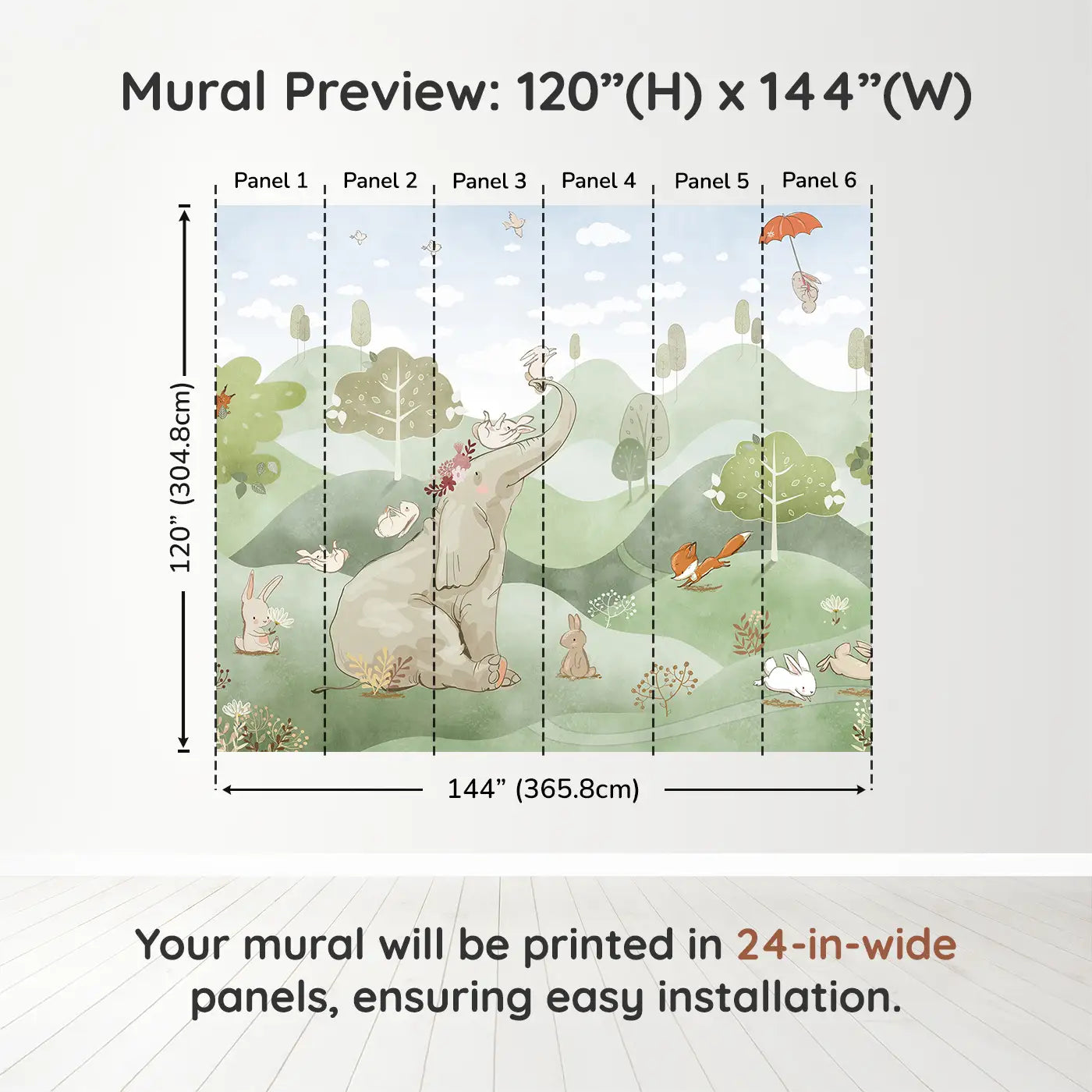 Whimsy Tots Whimsical Woodland Retreat in Green Wall Muraldimension view (120" H x 144" W). Printed in six 24-inch-wide panels. An elephant crowned in blossoms welcomes bunnies, foxes, and deer to a world of soft wonder.