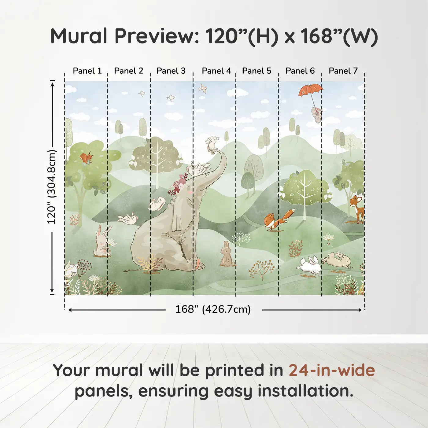 Whimsy Tots Whimsical Woodland Retreat in Green Wall Muraldimension view (120" H x 168" W). Printed in seven 24-inch-wide panels. An elephant crowned in blossoms welcomes bunnies, foxes, and deer to a world of soft wonder.