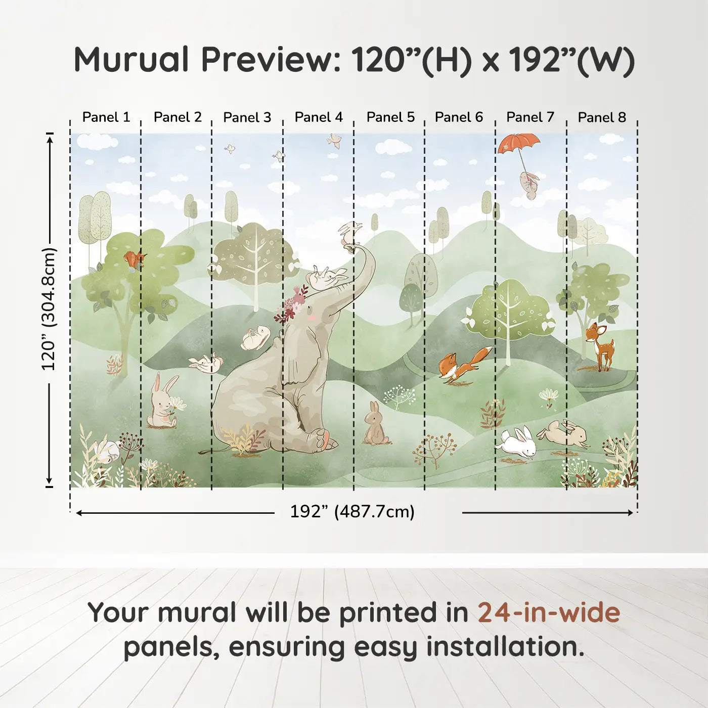 Whimsy Tots Whimsical Woodland Retreat in Green Wall Muraldimension view (120" H x 192" W). Printed in eight 24-inch-wide panels. An elephant crowned in blossoms welcomes bunnies, foxes, and deer to a world of soft wonder.