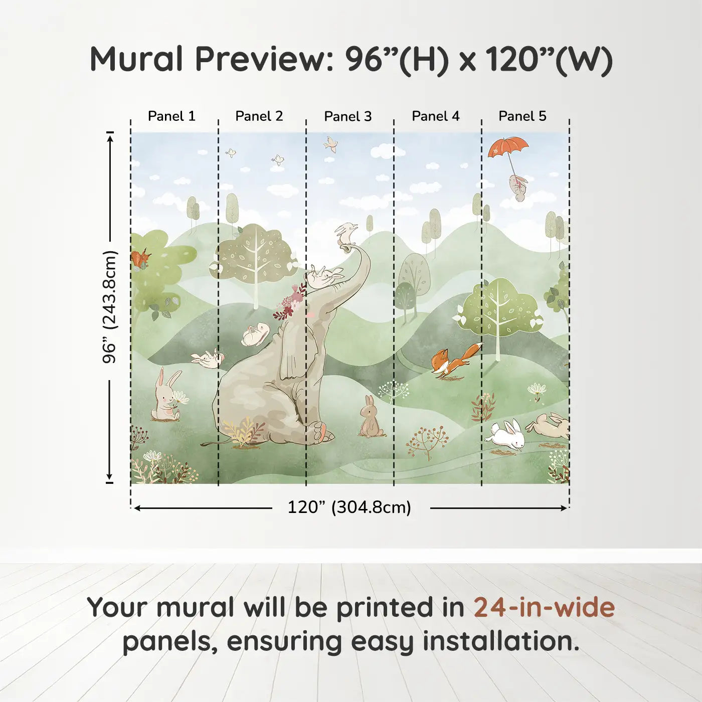 Whimsy Tots Whimsical Woodland Retreat in Green Wall Muraldimension view (96" H x 120" W). Printed in five 24-inch-wide panels. An elephant crowned in blossoms welcomes bunnies, foxes, and deer to a world of soft wonder.