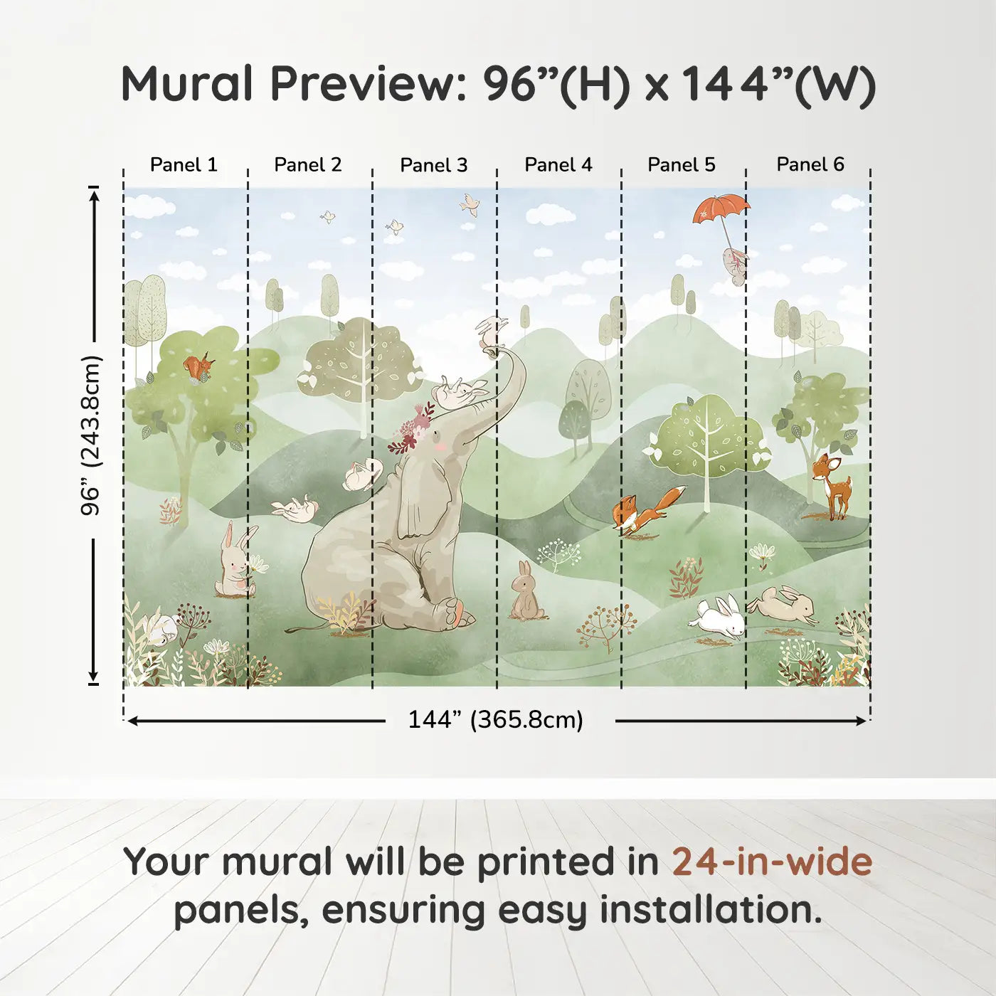 Whimsy Tots Whimsical Woodland Retreat in Green Wall Muraldimension view (96" H x 144" W). Printed in six 24-inch-wide panels. An elephant crowned in blossoms welcomes bunnies, foxes, and deer to a world of soft wonder.