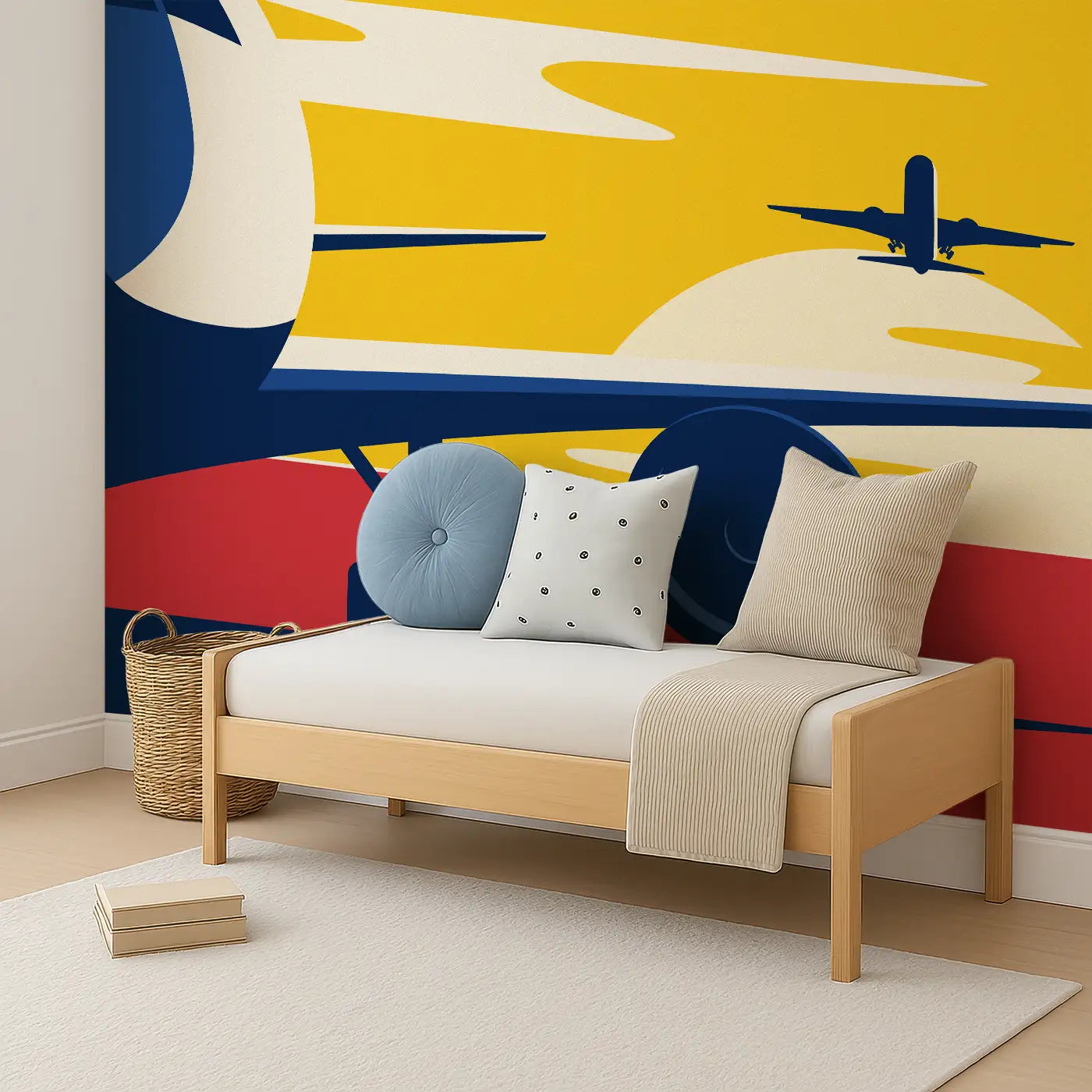 Angled view of Whimsy Tots' Departure Dreams in Yellow Wall Mural (M0301).Soar into a vintage-styled scene of planes and sunsets painted in bold colors.