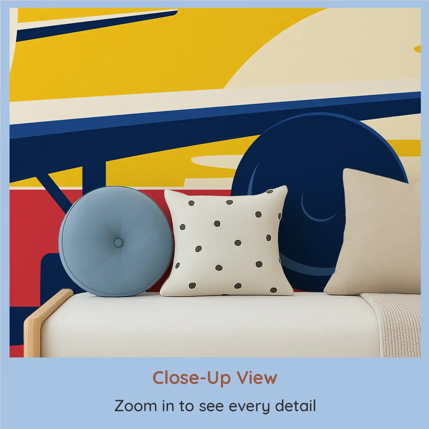 Close-up view of Whimsy Tots' Departure Dreams in Yellow Wall Mural (M0301).Soar into a vintage-styled scene of planes and sunsets painted in bold colors.