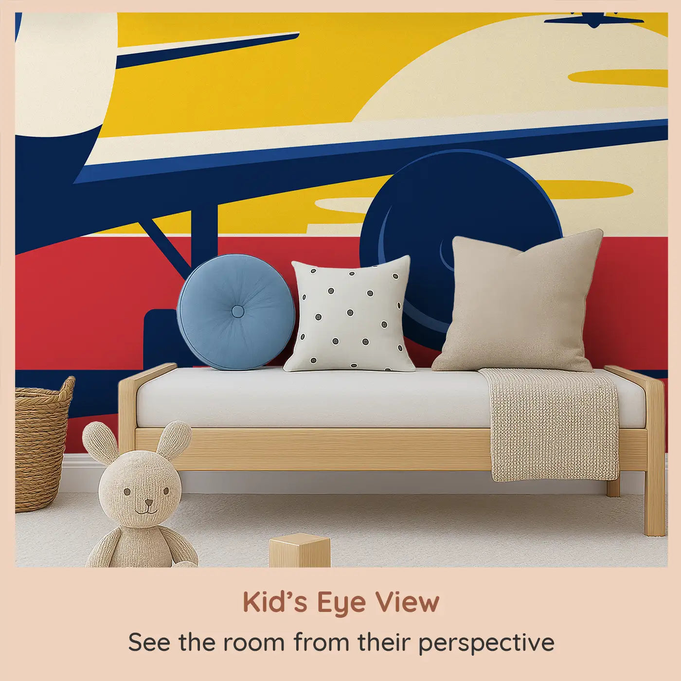 Whimsy Tots Departure Dreams in Yellow Wall Mural (M0301) from your child's view.Soar into a vintage-styled scene of planes and sunsets painted in bold colors.