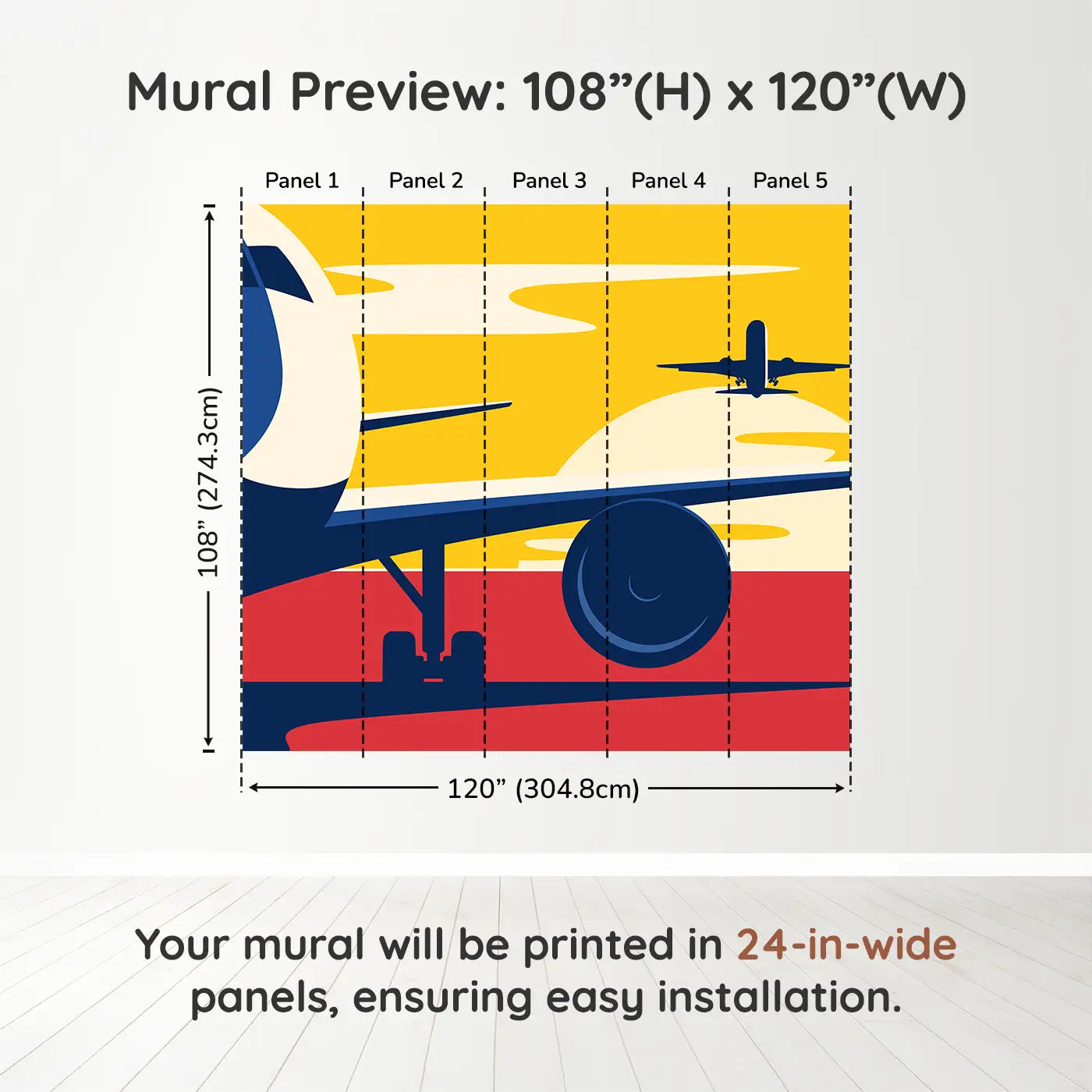 Whimsy Tots Departure Dreams in Yellow Wall Muraldimension view (108" H x 120" W). Printed in five 24-inch-wide panels. Soar into a vintage-styled scene of planes and sunsets painted in bold colors.