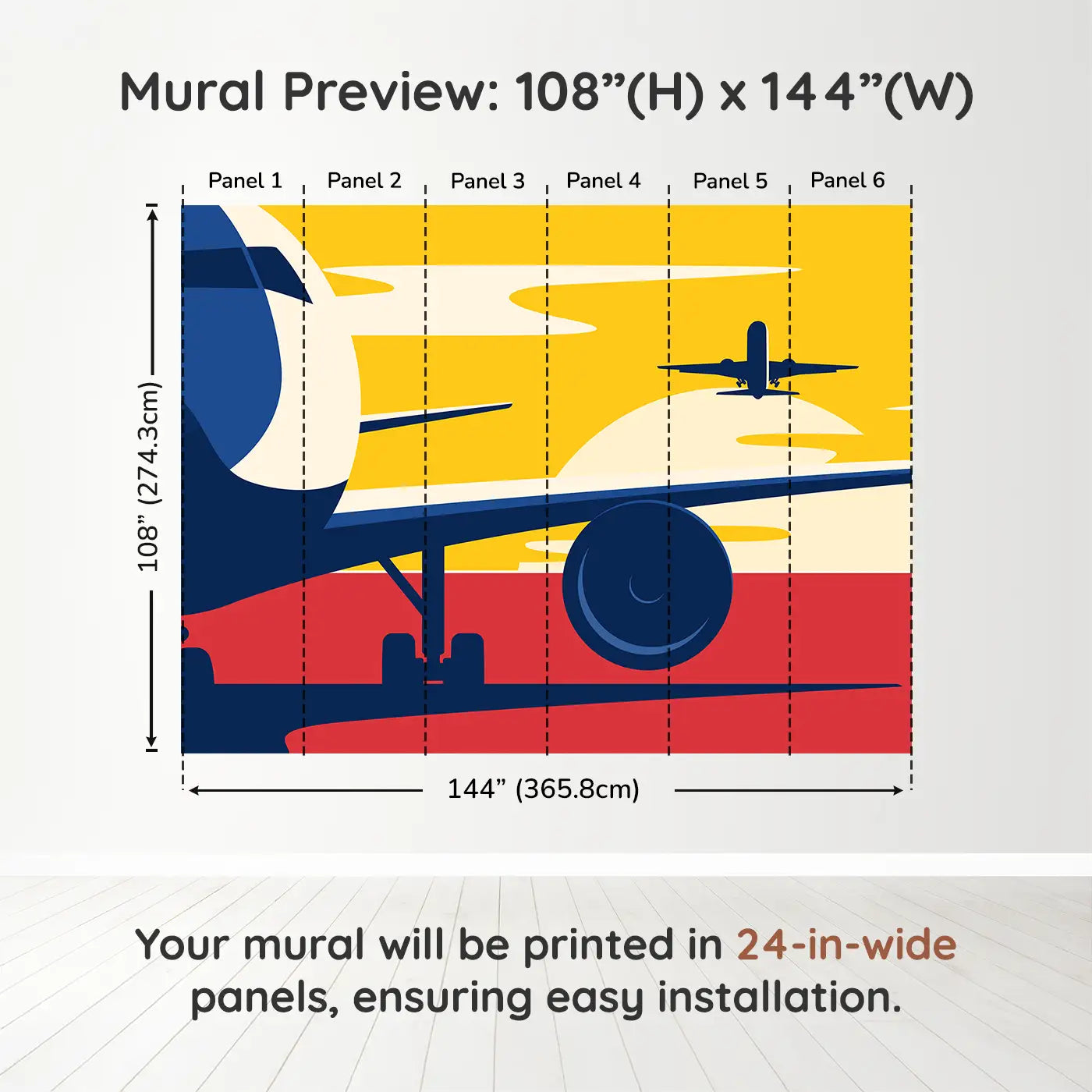 Whimsy Tots Departure Dreams in Yellow Wall Muraldimension view (108" H x 144" W). Printed in six 24-inch-wide panels. Soar into a vintage-styled scene of planes and sunsets painted in bold colors.