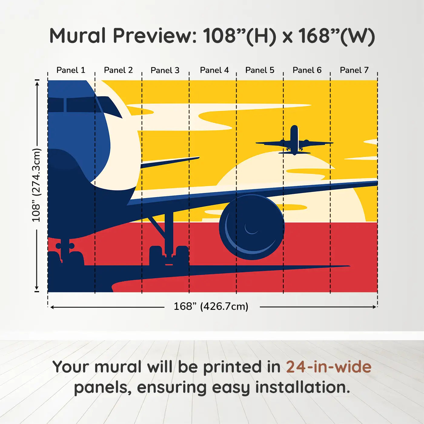 Whimsy Tots Departure Dreams in Yellow Wall Muraldimension view (108" H x 168" W). Printed in seven 24-inch-wide panels. Soar into a vintage-styled scene of planes and sunsets painted in bold colors.
