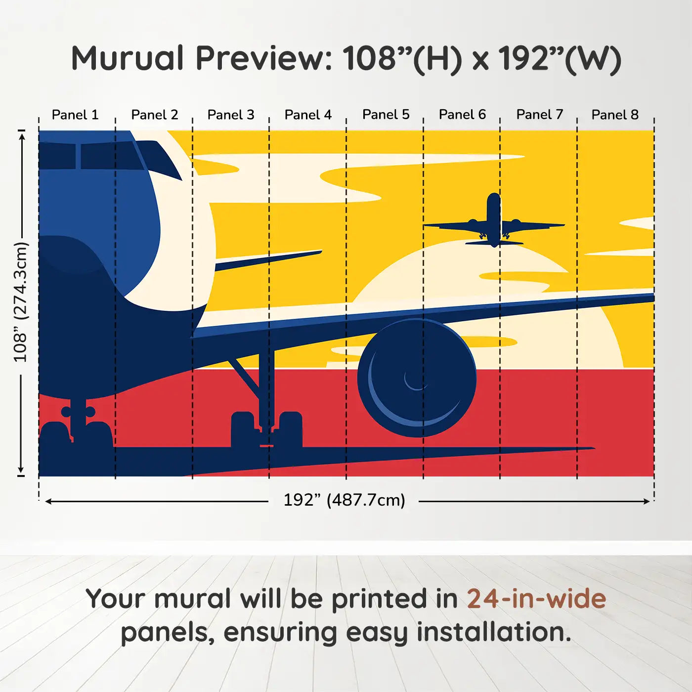 Whimsy Tots Departure Dreams in Yellow Wall Muraldimension view (108" H x 192" W). Printed in eight 24-inch-wide panels. Soar into a vintage-styled scene of planes and sunsets painted in bold colors.
