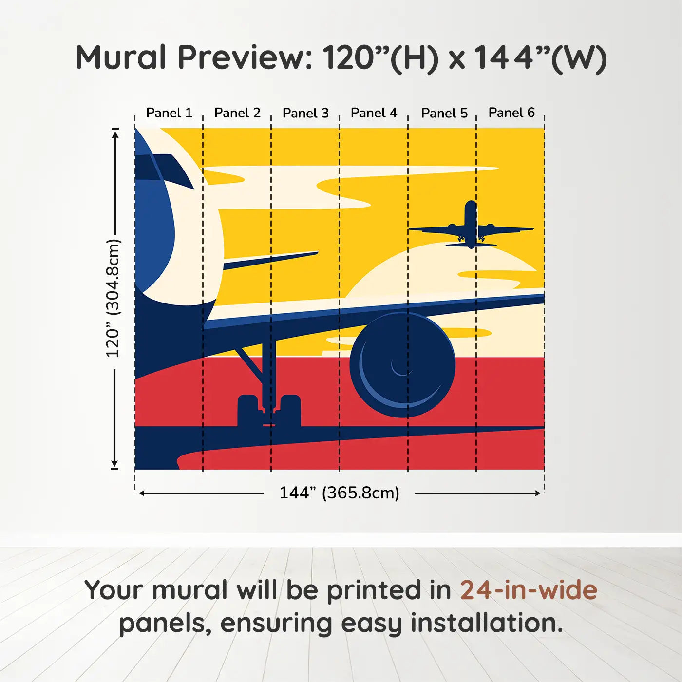 Whimsy Tots Departure Dreams in Yellow Wall Muraldimension view (120" H x 144" W). Printed in six 24-inch-wide panels. Soar into a vintage-styled scene of planes and sunsets painted in bold colors.