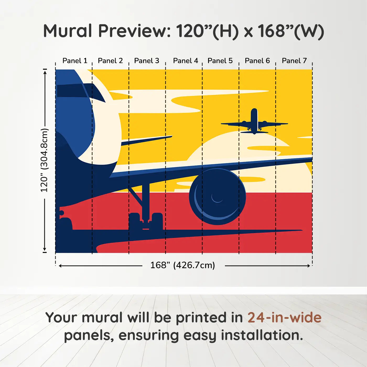 Whimsy Tots Departure Dreams in Yellow Wall Muraldimension view (120" H x 168" W). Printed in seven 24-inch-wide panels. Soar into a vintage-styled scene of planes and sunsets painted in bold colors.