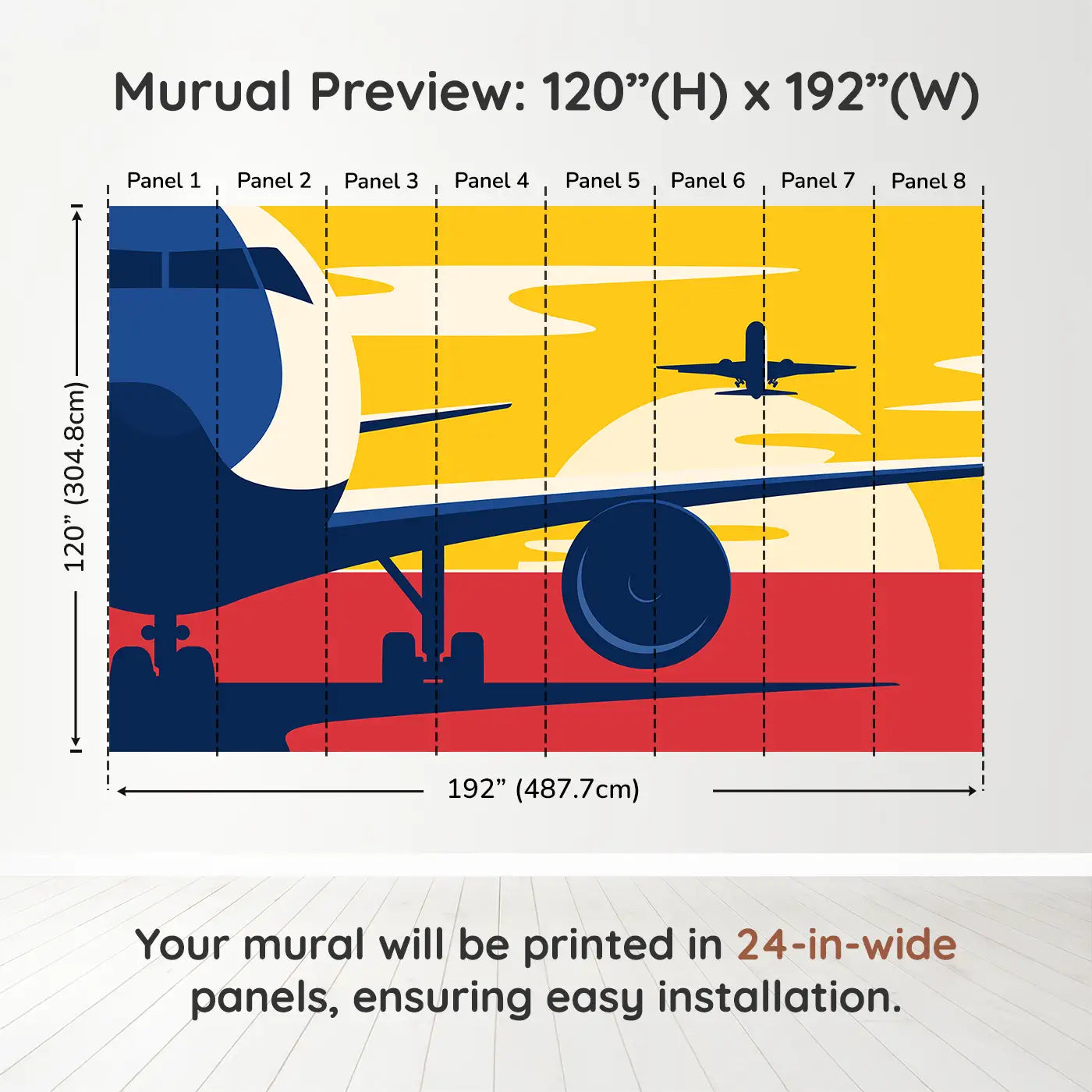 Whimsy Tots Departure Dreams in Yellow Wall Muraldimension view (120" H x 192" W). Printed in eight 24-inch-wide panels. Soar into a vintage-styled scene of planes and sunsets painted in bold colors.