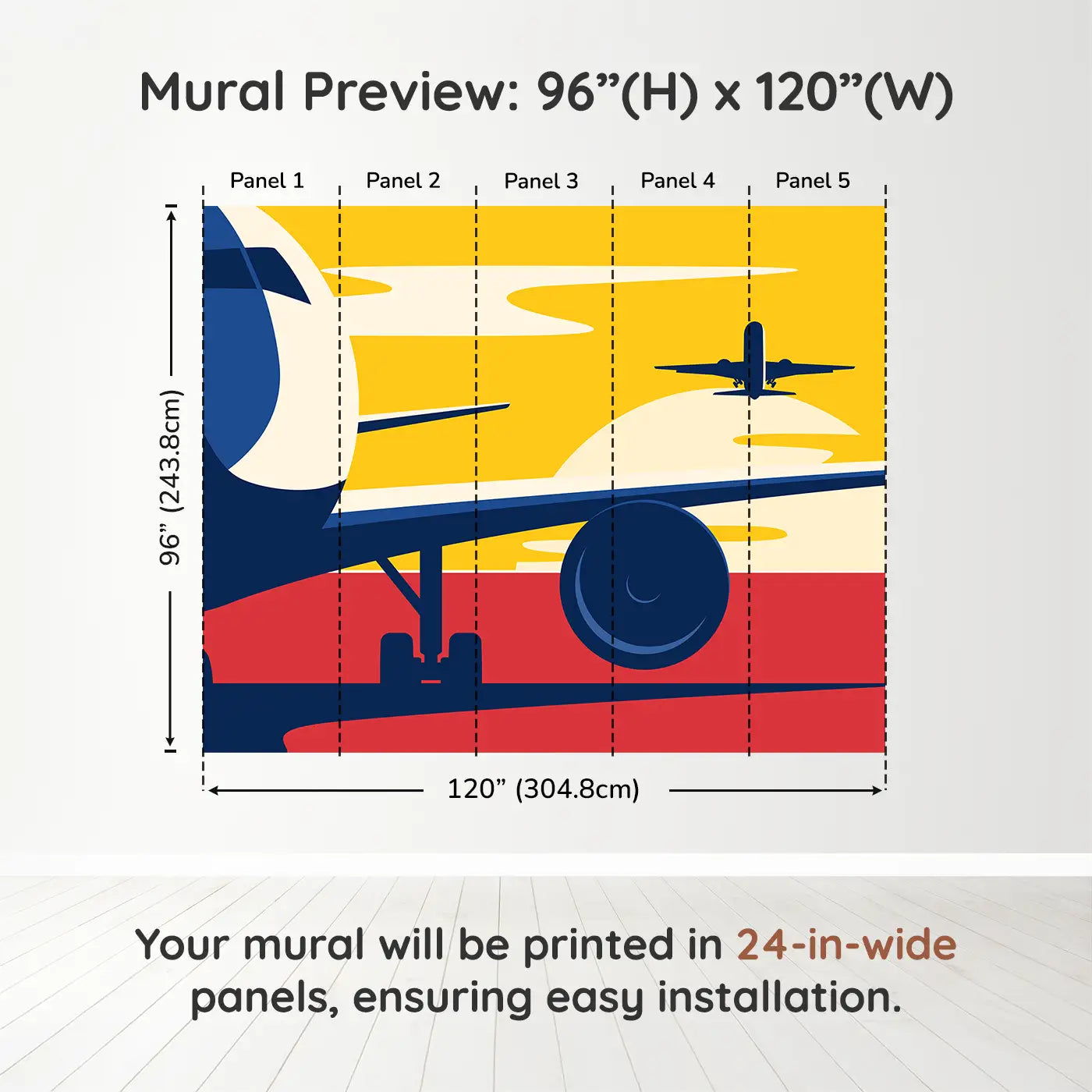 Whimsy Tots Departure Dreams in Yellow Wall Muraldimension view (96" H x 120" W). Printed in five 24-inch-wide panels. Soar into a vintage-styled scene of planes and sunsets painted in bold colors.