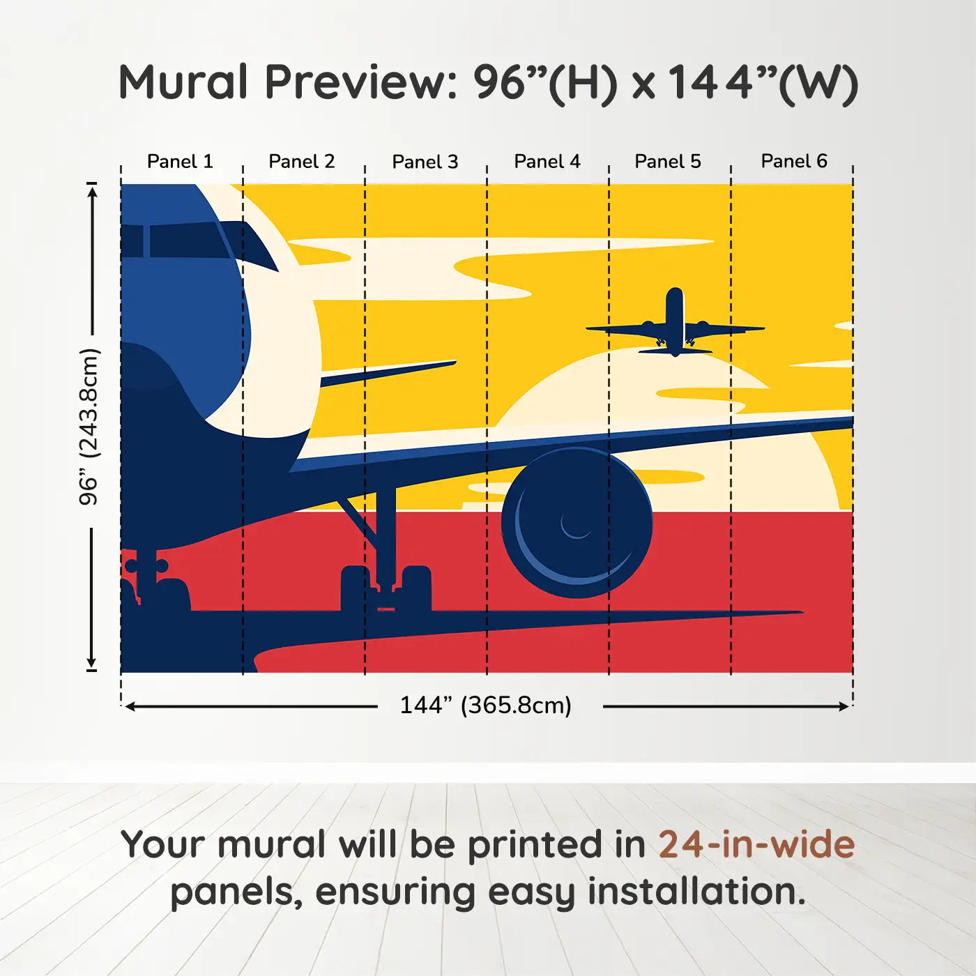 Whimsy Tots Departure Dreams in Yellow Wall Muraldimension view (96" H x 144" W). Printed in six 24-inch-wide panels. Soar into a vintage-styled scene of planes and sunsets painted in bold colors.
