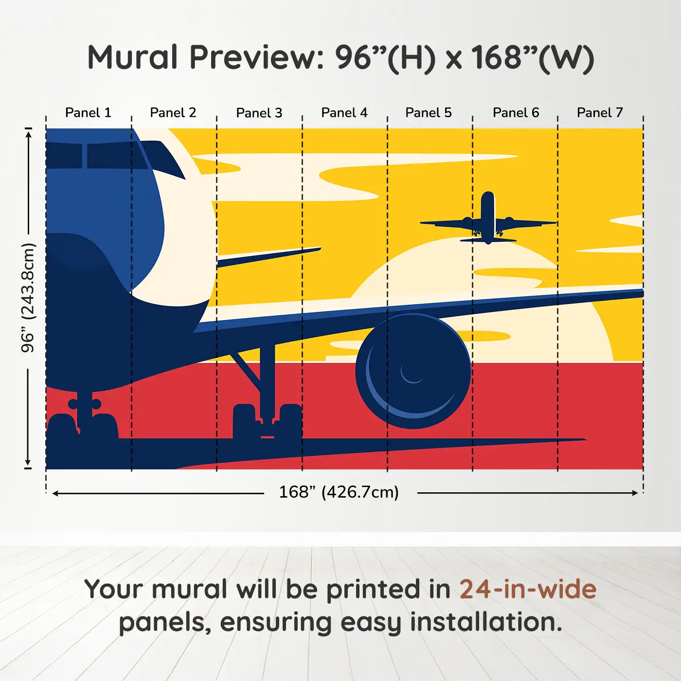 Whimsy Tots Departure Dreams in Yellow Wall Muraldimension view (96" H x 168" W). Printed in seven 24-inch-wide panels. Soar into a vintage-styled scene of planes and sunsets painted in bold colors.