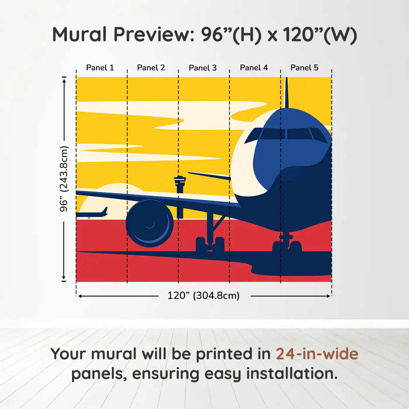 Whimsy Tots Sunset Runway in Yellow Wall Muraldimension view (96" H x 120" W). Printed in five 24-inch-wide panels. Let high-flying energy meet retro charm in this golden sky runway mural.