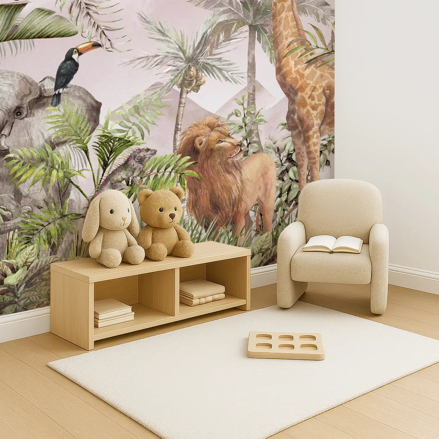 Angled view of Whimsy Tots' Blush Safari Adventure Wall Mural (M0311).Soft safari animals explore a lush, leafy world painted in warm pink hues.