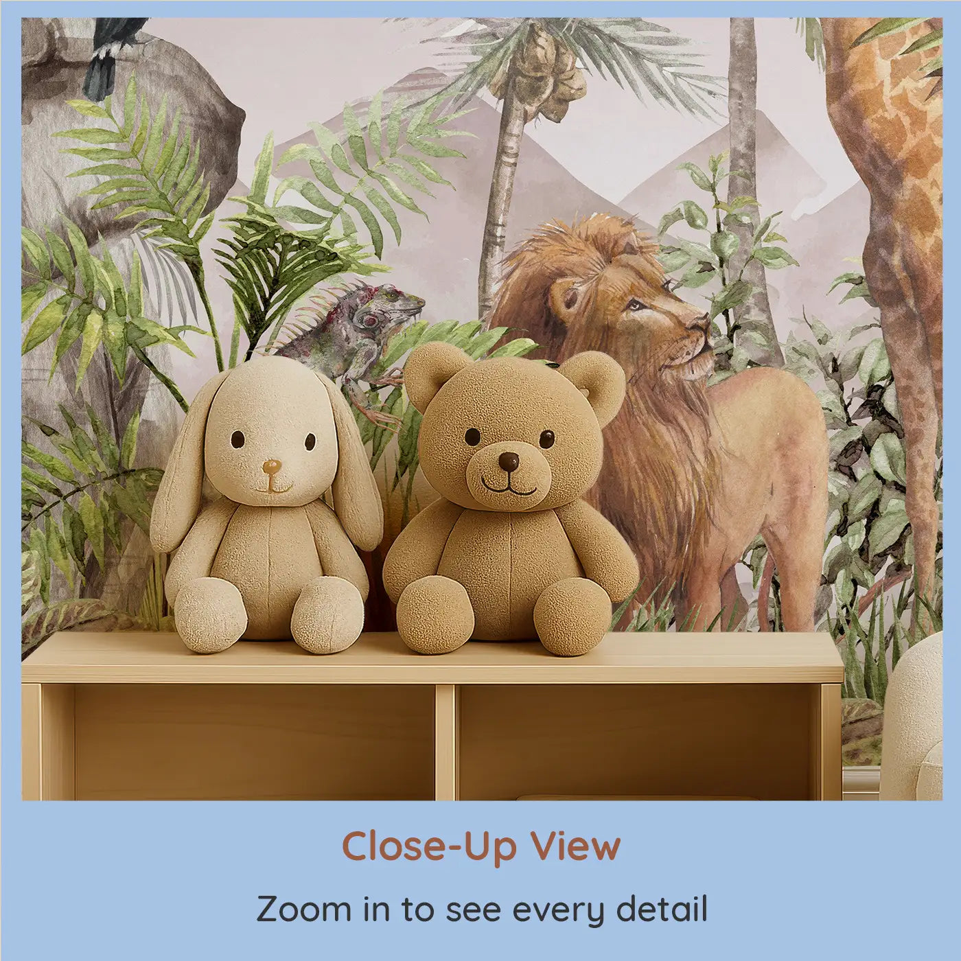 Close-up view of Whimsy Tots' Blush Safari Adventure Wall Mural (M0311).Soft safari animals explore a lush, leafy world painted in warm pink hues.
