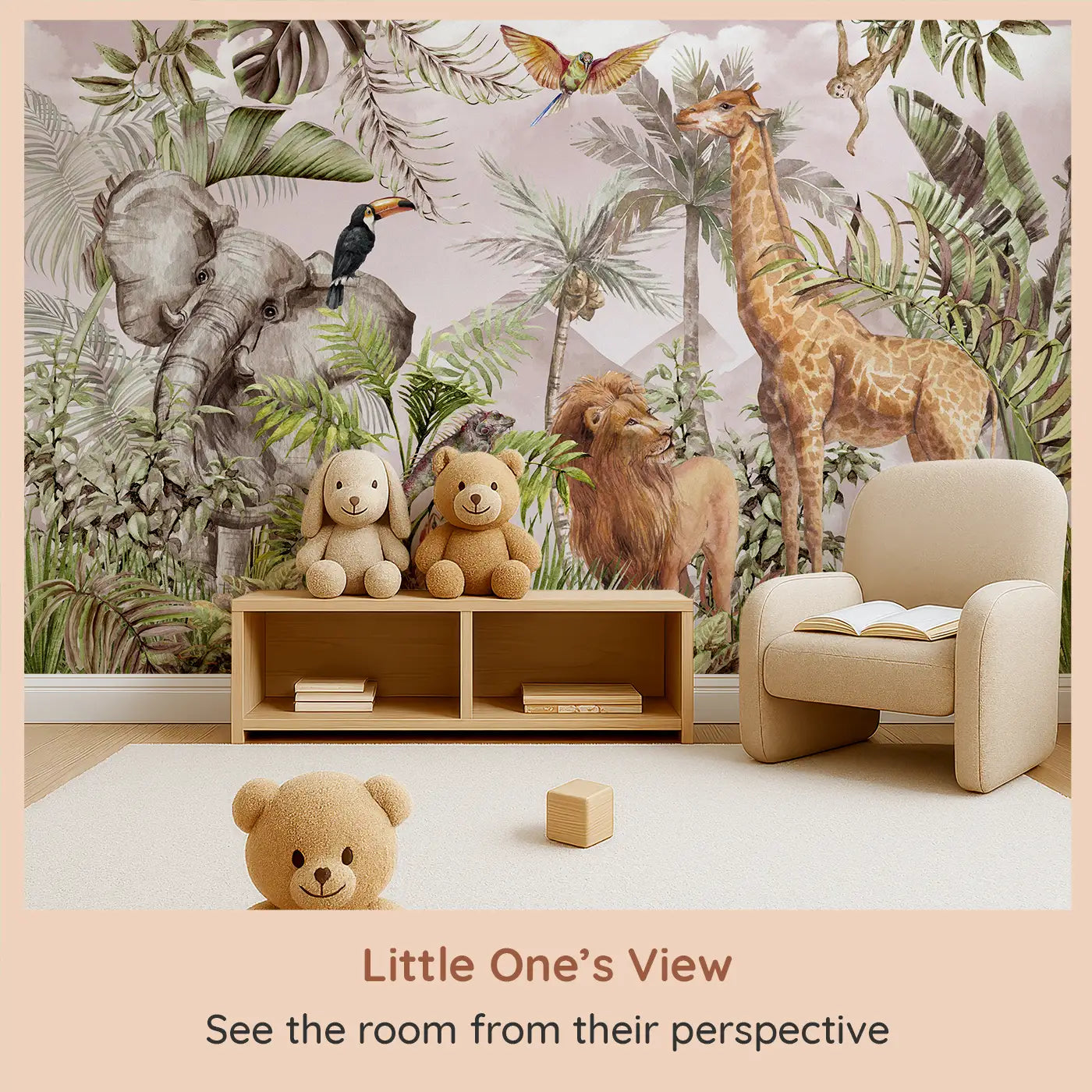 Whimsy Tots Blush Safari Adventure Wall Mural (M0311) from your child's view.Soft safari animals explore a lush, leafy world painted in warm pink hues.