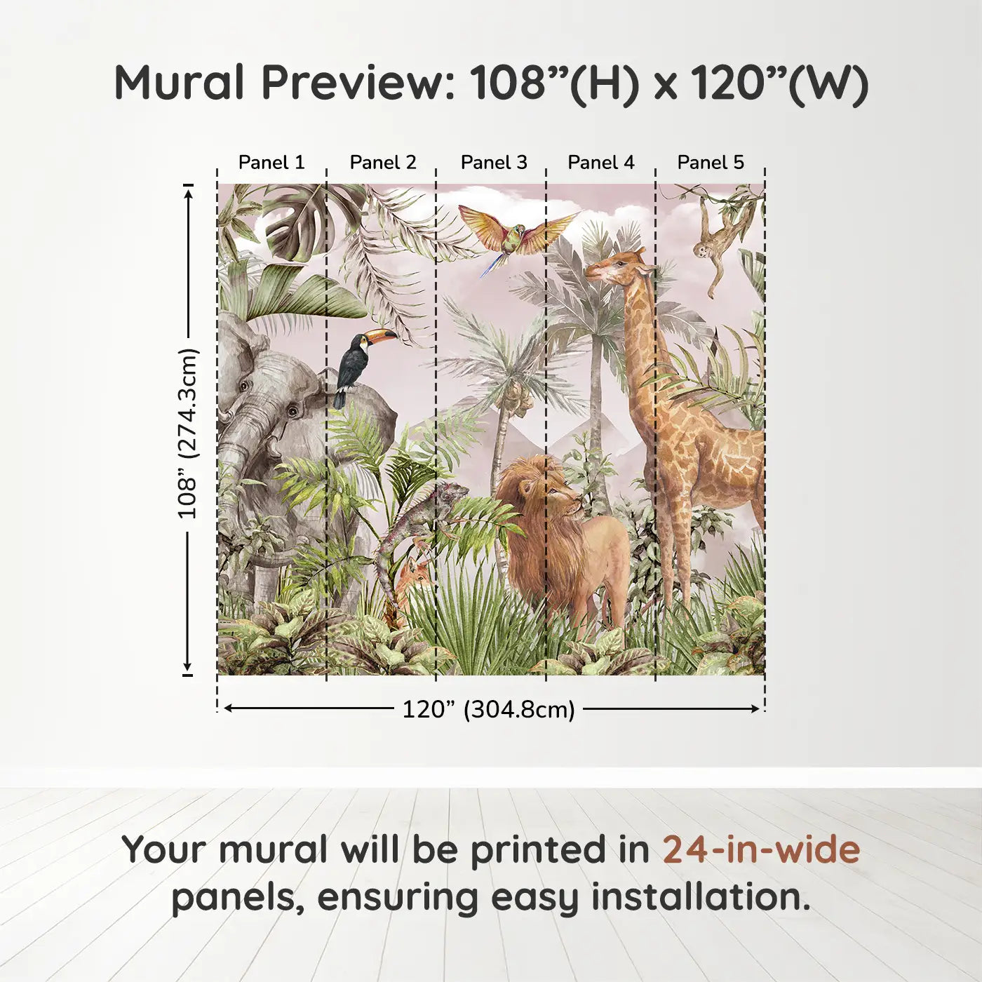 Whimsy Tots Blush Safari Adventure Wall Muraldimension view (108" H x 120" W). Printed in five 24-inch-wide panels. Soft safari animals explore a lush, leafy world painted in warm pink hues.