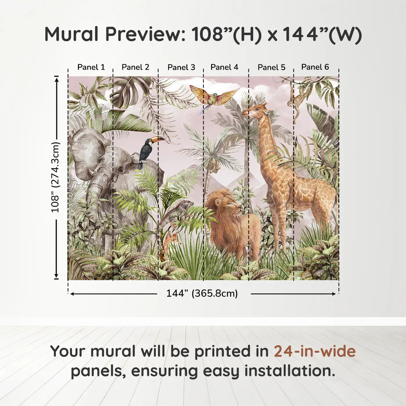 Whimsy Tots Blush Safari Adventure Wall Muraldimension view (108" H x 144" W). Printed in six 24-inch-wide panels. Soft safari animals explore a lush, leafy world painted in warm pink hues.