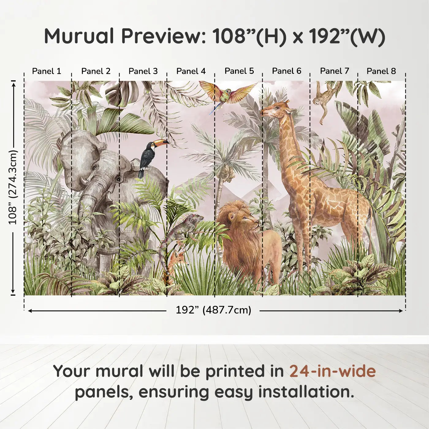 Whimsy Tots Blush Safari Adventure Wall Muraldimension view (108" H x 192" W). Printed in eight 24-inch-wide panels. Soft safari animals explore a lush, leafy world painted in warm pink hues.