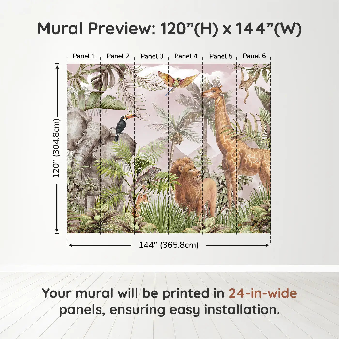 Whimsy Tots Blush Safari Adventure Wall Muraldimension view (120" H x 144" W). Printed in six 24-inch-wide panels. Soft safari animals explore a lush, leafy world painted in warm pink hues.
